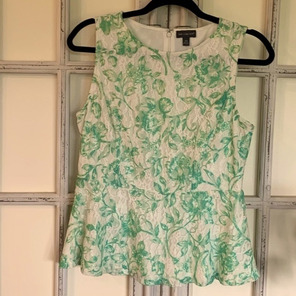 The Limited Tops - THE Limited, Sleeveless Peplum Lace Top, Size PM, Green & Ivory
